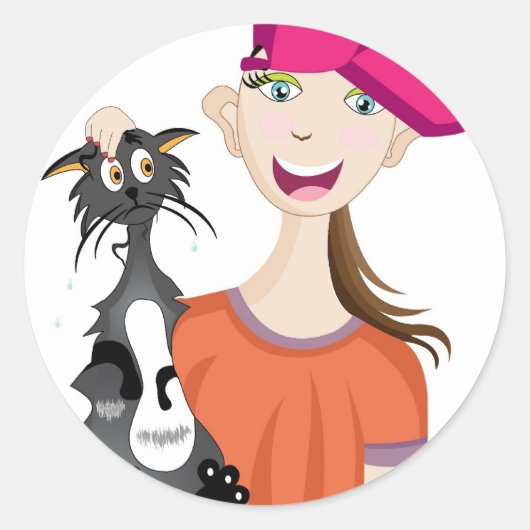 Mädchen mit nasser Katze Runder Aufkleber (Vorderseite)