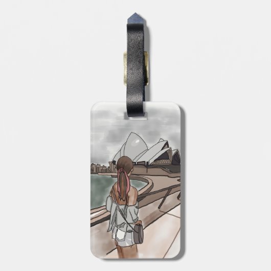 Mädchen mit Opernhaus in Sydney. Gepäckanhänger (Rückseite vertikal)