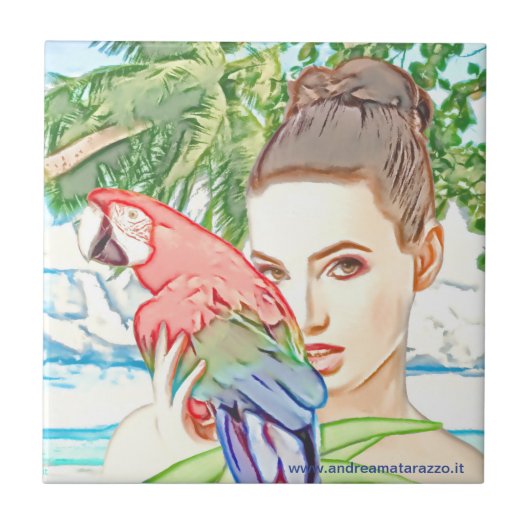 Mädchen mit Papagei Fliese (Vorderseite)