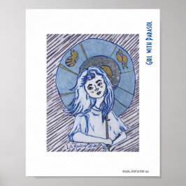 Mädchen mit Parasol, blaues Farbportrait auf weiße Poster