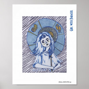 Mädchen mit Parasol, blaues Farbportrait auf weiße Poster