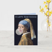 Mädchen mit Perlenohrring blühendes Kaugummi Happy Karte (Gelbe Blume)