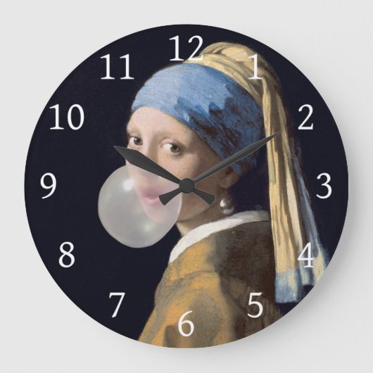 Mädchen mit Perlenohrring, die ein Kaugummi blasen Große Wanduhr (Vorderseite)
