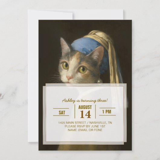 Mädchen mit Perlenohrring Katze Einladung (Vorderseite)