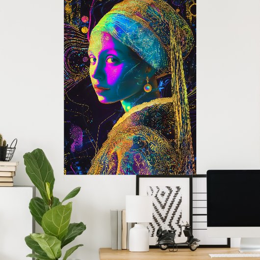Mädchen mit Perlenohrring Synthwave Cyberpunk Art Poster (Heimbüro)