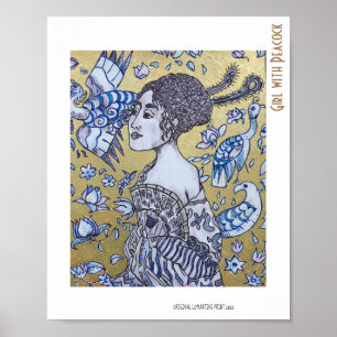 Mädchen mit Pfauengolden und Tinte zeichnend Portr Poster