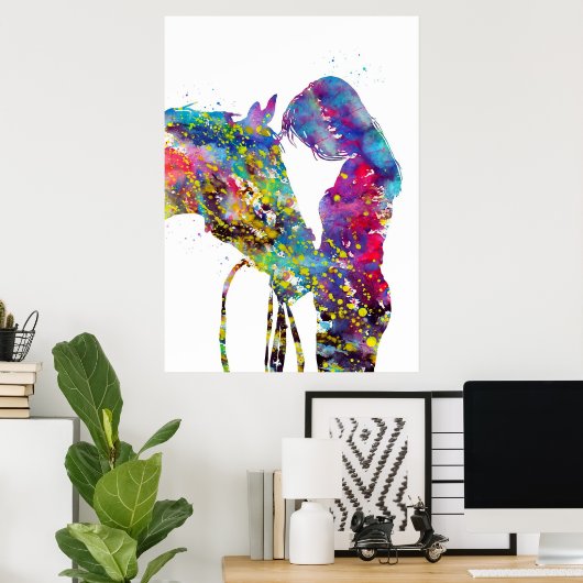 Mädchen mit Pferd farbenfroh Poster (Heimbüro)