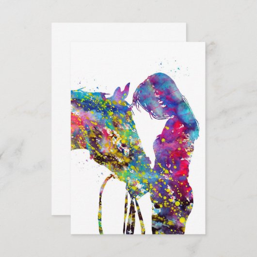 Mädchen mit Pferd farbenfroh RSVP Karte (Vorne/Hinten)