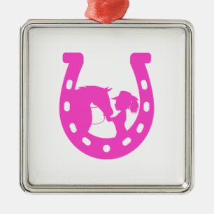 Mädchen mit Pferd und Western Hut Hot Pink Hufeise Ornament Aus Metall