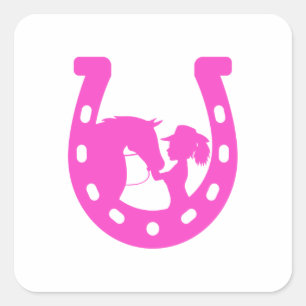 Mädchen mit Pferd und Westernhut Hot Pink Hufeisen Quadratischer Aufkleber