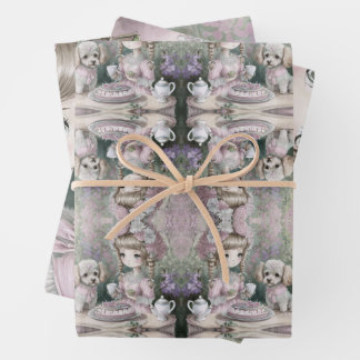 Mädchen mit Poodle- und Katzenfreunden Geschenkpapier Set
