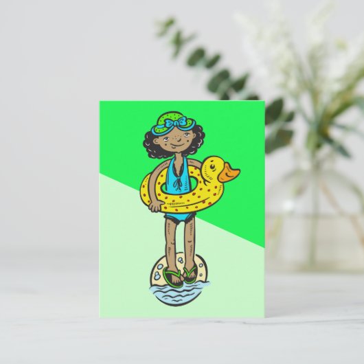 Mädchen mit Pool Toy Postkarte (Stehend Vorderseite)