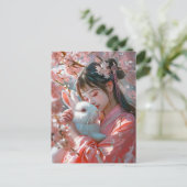 Mädchen mit Rabbit Chinesischer Zodiakkunst Postkarte (Stehend Vorderseite)