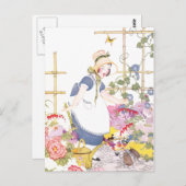 Mädchen mit Rake und Wasserkocher im Blumengarten Postkarte (Vorne/Hinten)