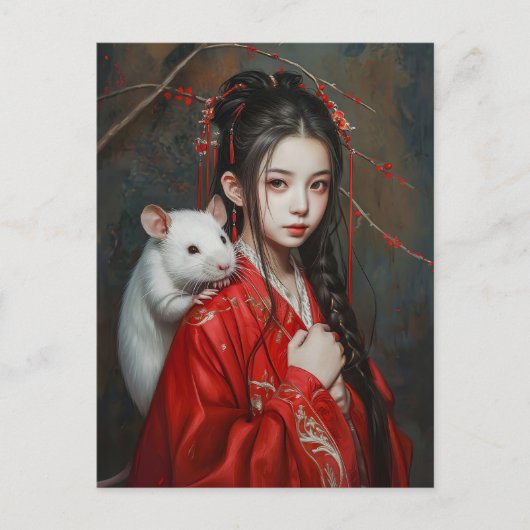 Mädchen mit Rat Chinesisch Zodiac Art Postkarte (Vorderseite)
