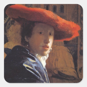 Mädchen mit Red Hat, c.1665 (Öl auf Panel) Quadratischer Aufkleber