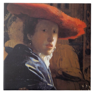Mädchen mit Red Hat, c.1665 (Öl auf Platte) Fliese