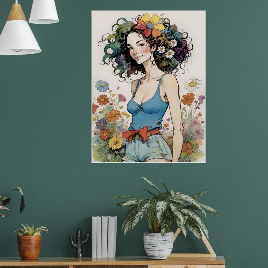 Mädchen mit Regenbogen-Blume im Haar Poster (Wohnzimmer 1)