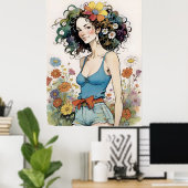 Mädchen mit Regenbogen-Blume im Haar Poster (Heimbüro)