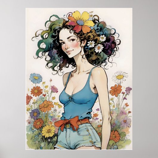 Mädchen mit Regenbogen-Blume im Haar Poster (Vorne)