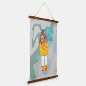 Mädchen mit Regenschirm im Wind Zeichnend Grün wir Wandteppich Mit Holzrahmen (Gewinkelt)