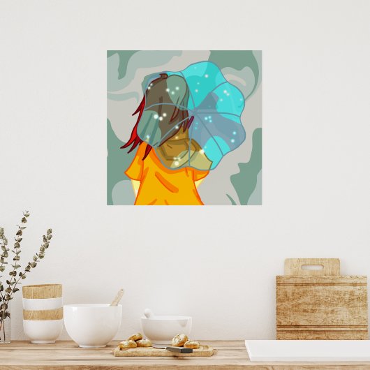 Mädchen mit Regenschirm im Windrain-Grünen wirbeln Poster (Küche)