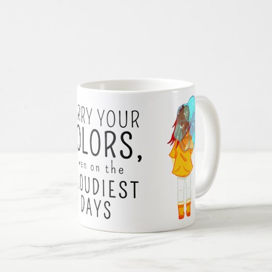 Mädchen mit Regenschirm in Wind Positives Zitat Kaffeetasse (VorderseiteRechts)