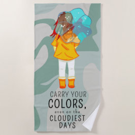 Mädchen mit Regenschirm in Wind Positives Zitat Strandtuch