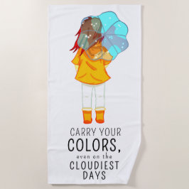 Mädchen mit Regenschirm in Wind Positives Zitat Strandtuch