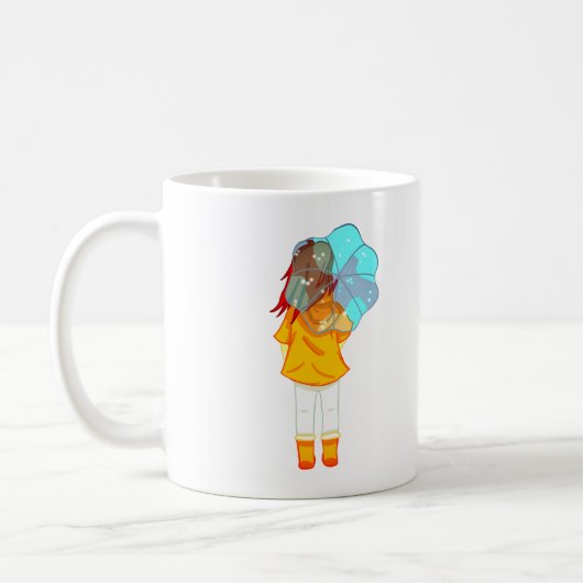 Mädchen mit Regenschirm in Wind Zeichnend Kaffeetasse (Links)