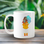 Mädchen mit Regenschirm in Wind Zeichnend Kaffeetasse