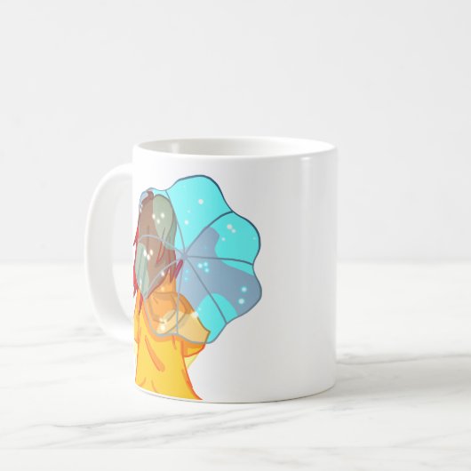 Mädchen mit Regenschirm in Wind Zeichnend Kaffeetasse (Vorderseite Links)