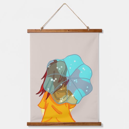 Mädchen mit Regenschirm in Wind Zeichnend Wandteppich Mit Holzrahmen (Vorderseite)