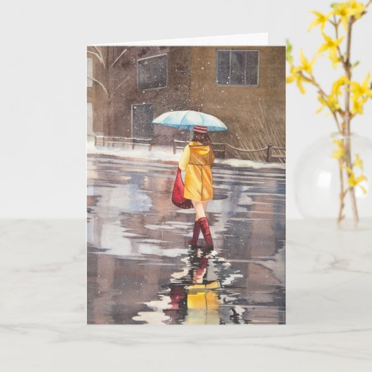 Mädchen mit Regenschirm Karte (Gelbe Blume)