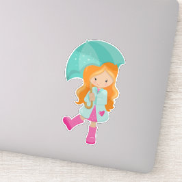 Mädchen mit Regenschirm, Mädchen in Regenmantel, o Aufkleber