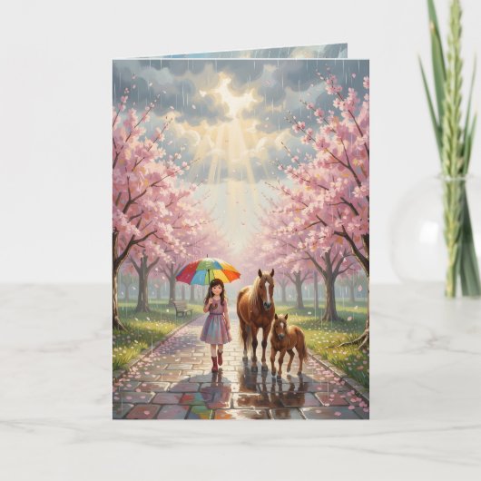 Mädchen mit Regenschirm und Pony im regnerischen P Karte (Vorderseite)