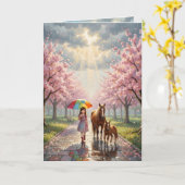 Mädchen mit Regenschirm und Pony im regnerischen P Karte (Gelbe Blume)
