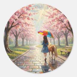 Mädchen mit Regenschirm und Pony im regnerischen P Runder Aufkleber