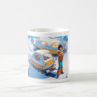 Mädchen mit Retro-Schneemobil Kaffeetasse