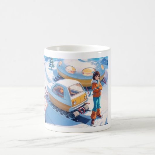 Mädchen mit Retro-Schneemobil Kaffeetasse (Mittel)