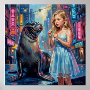 Mädchen mit Robbe im hyperrealistischen Neo-Impres Poster