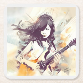 Mädchen mit Rockmusik Rechteckiger Pappuntersetzer