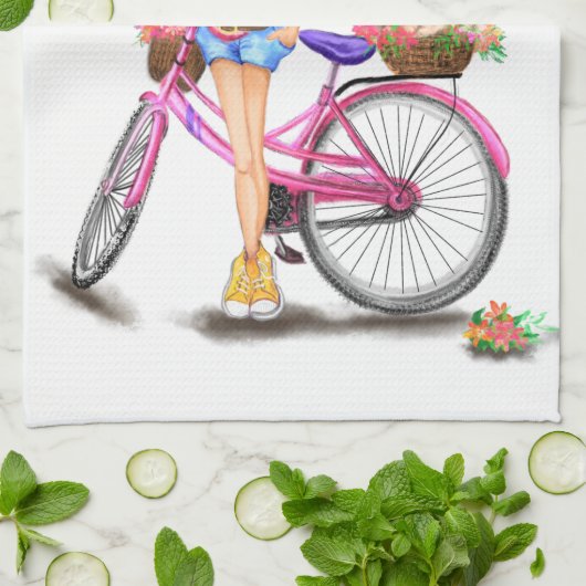 Mädchen mit rosa Fahrrad Küchentuch (Gefaltet)