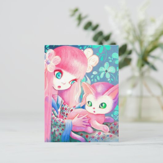 Mädchen mit rosa Haar in Kimono mit Kawaii Katze Postkarte (Stehend Vorderseite)