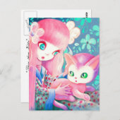 Mädchen mit rosa Haar in Kimono mit Kawaii Katze Postkarte (Vorne/Hinten)