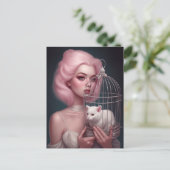 Mädchen mit rosa Haar Weiße Katze im Geburtshaus Postkarte (Stehend Vorderseite)