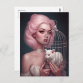 Mädchen mit rosa Haar Weiße Katze im Geburtshaus Postkarte (Vorne/Hinten)