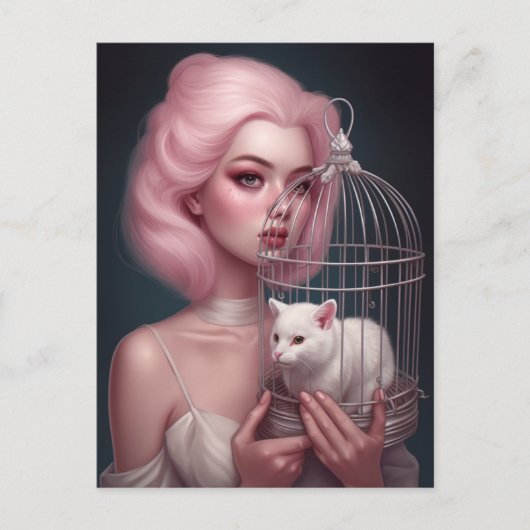 Mädchen mit rosa Haar Weiße Katze im Geburtshaus Postkarte (Vorderseite)