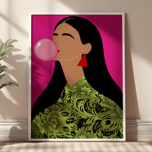 Mädchen mit rosa Kaugummi-Illustration Funky Art Poster