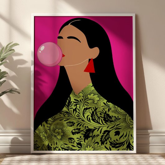 Mädchen mit rosa Kaugummi-Illustration Funky Art  Poster
